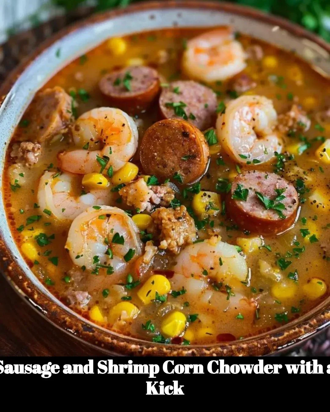 Delicious Sausage and Shrimp Corn Chowder with a kick served in a bowl