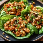 Savory Thai-style chicken lettuce wraps served in crisp lettuce leaves