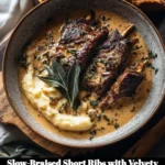 Slow-braised short ribs served with a velvety herb sauce on a plate