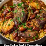 Slow cooker beef and chorizo bean cassoulet served in a rustic dish