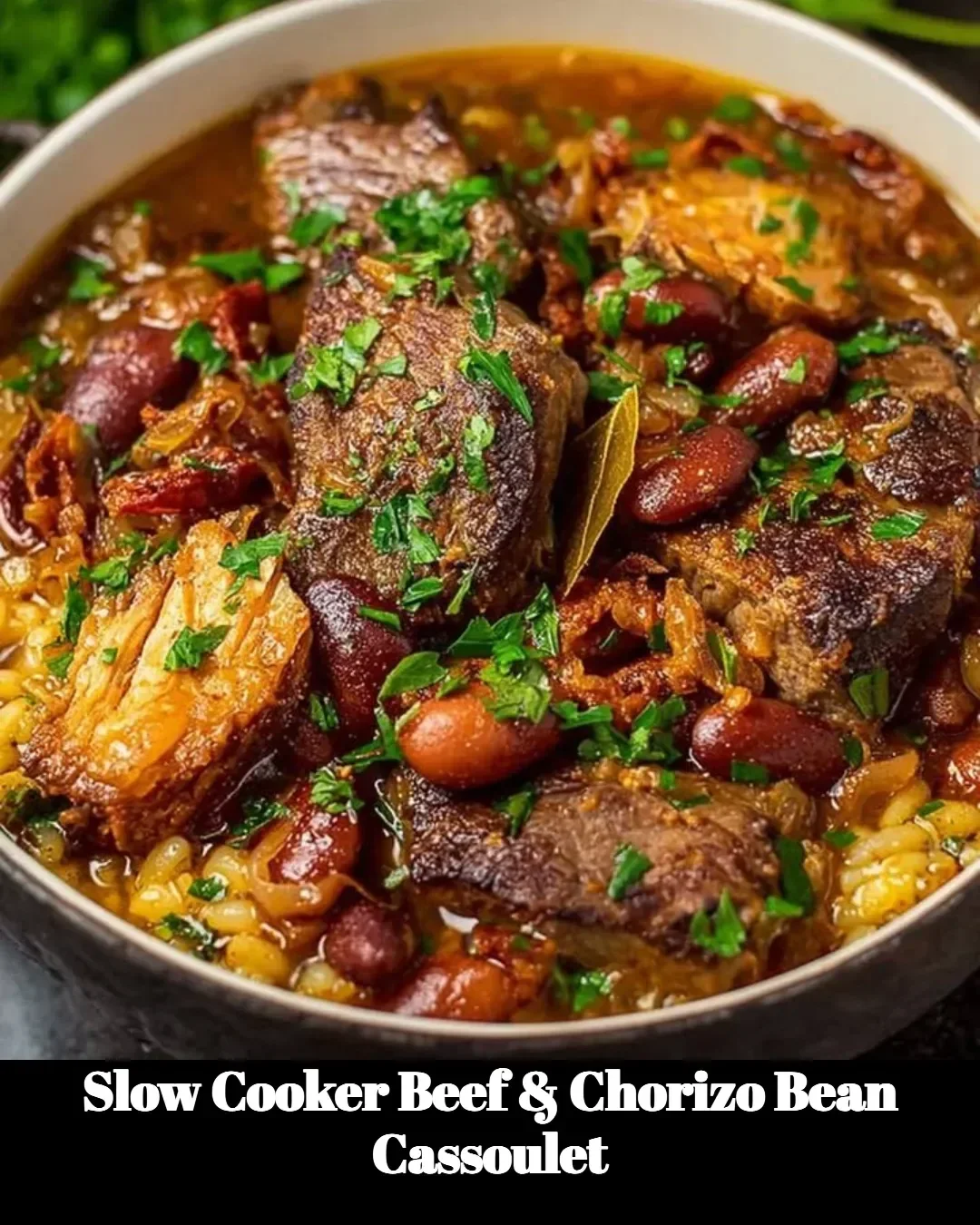 Slow cooker beef and chorizo bean cassoulet served in a rustic dish