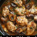 Delicious slow cooker Chicken Marsala served on a plate with mushrooms and herbs