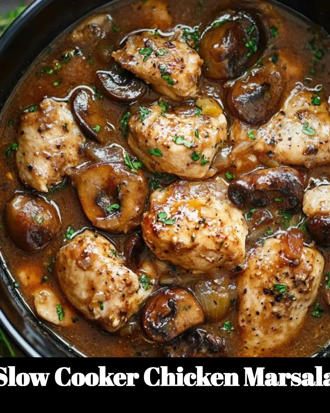 Delicious slow cooker Chicken Marsala served on a plate with mushrooms and herbs