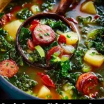 Bowl of Smoky Sausage, Kale & Potato Soup with fresh ingredients