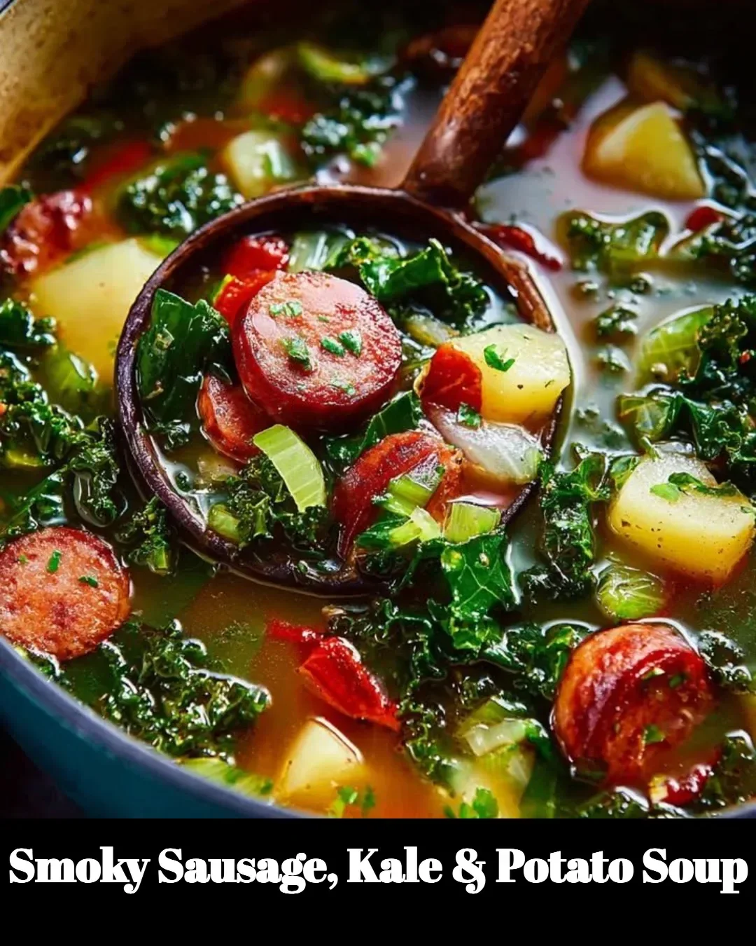 Bowl of Smoky Sausage, Kale & Potato Soup with fresh ingredients