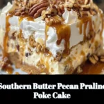 Southern Butter Pecan Praline Poke Cake topped with pecan praline