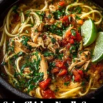 Bowl of spicy chicken noodle soup with fresh herbs and vegetables