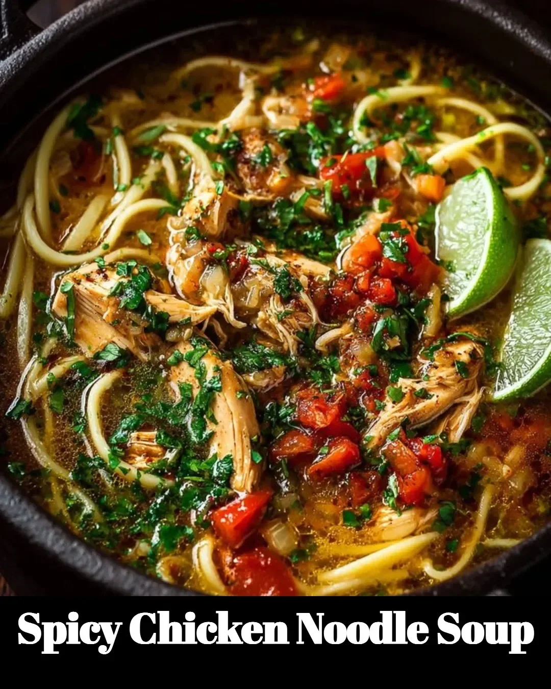 Bowl of spicy chicken noodle soup with fresh herbs and vegetables