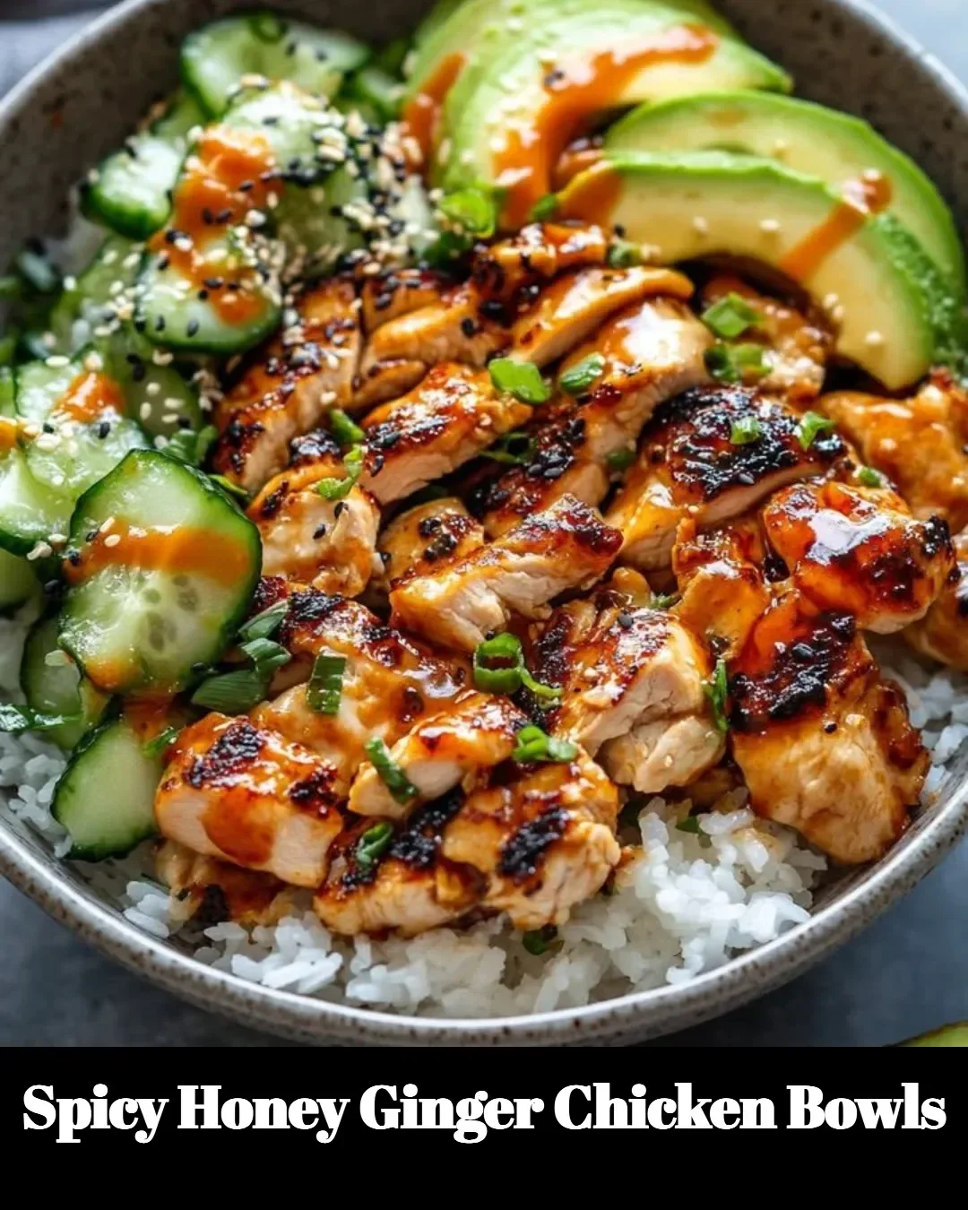 Delicious Spicy Honey Ginger Chicken Bowls with vibrant vegetables and rice