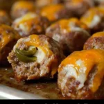 Plate of spicy jalapeño cheddar meatball bites garnished with herbs