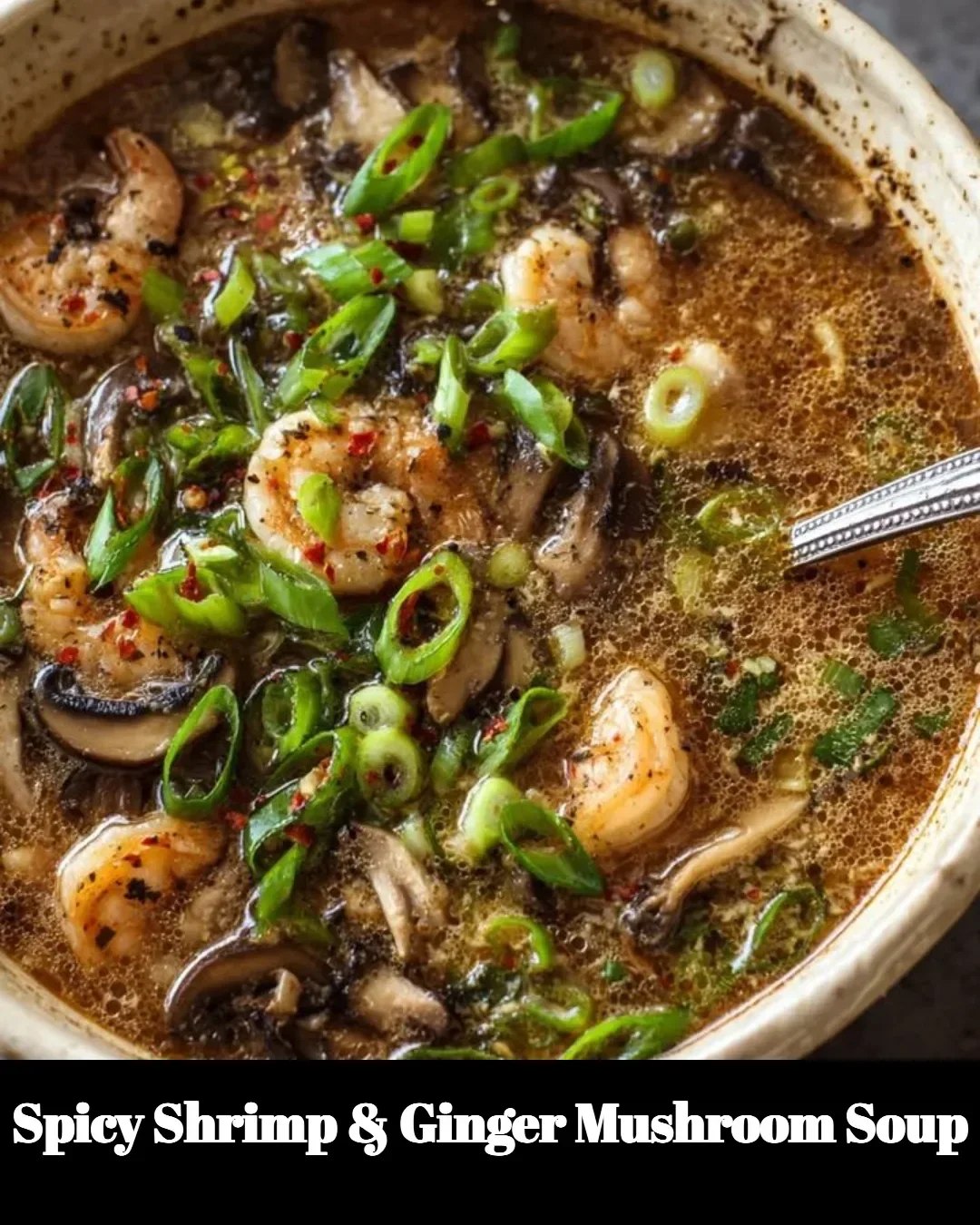 Delicious spicy shrimp and ginger mushroom soup in a bowl.