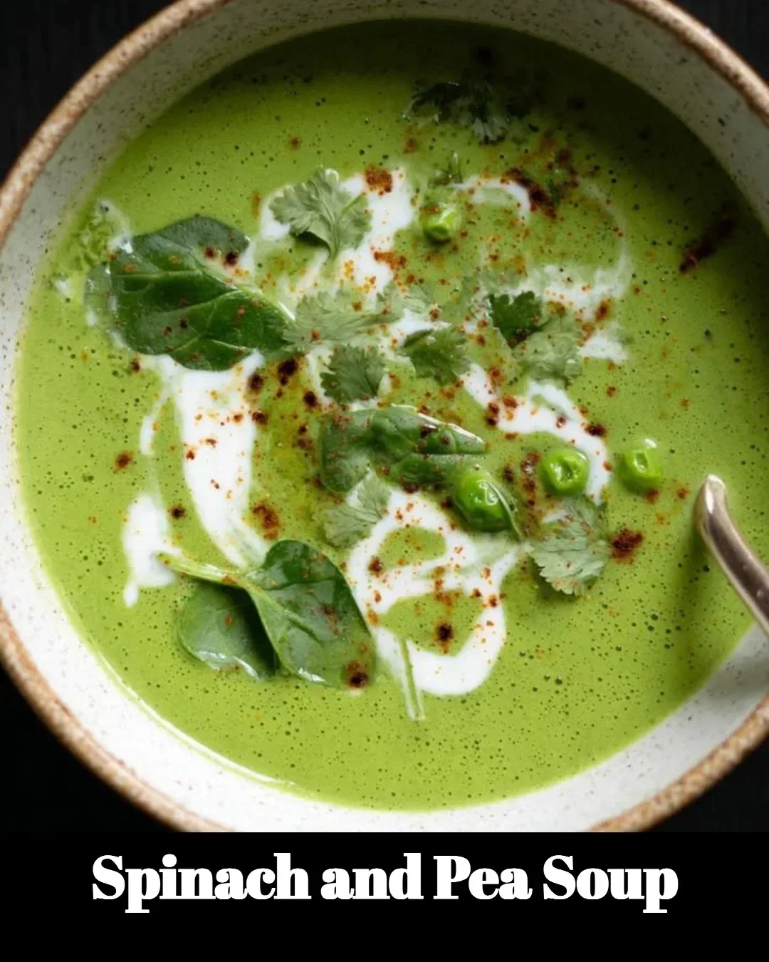 Bowl of delicious spinach and pea soup garnished with fresh herbs