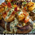 Delicious Steak, Shrimp & Mushroom Loaded Baked Potatoes topped with creamy sauce.