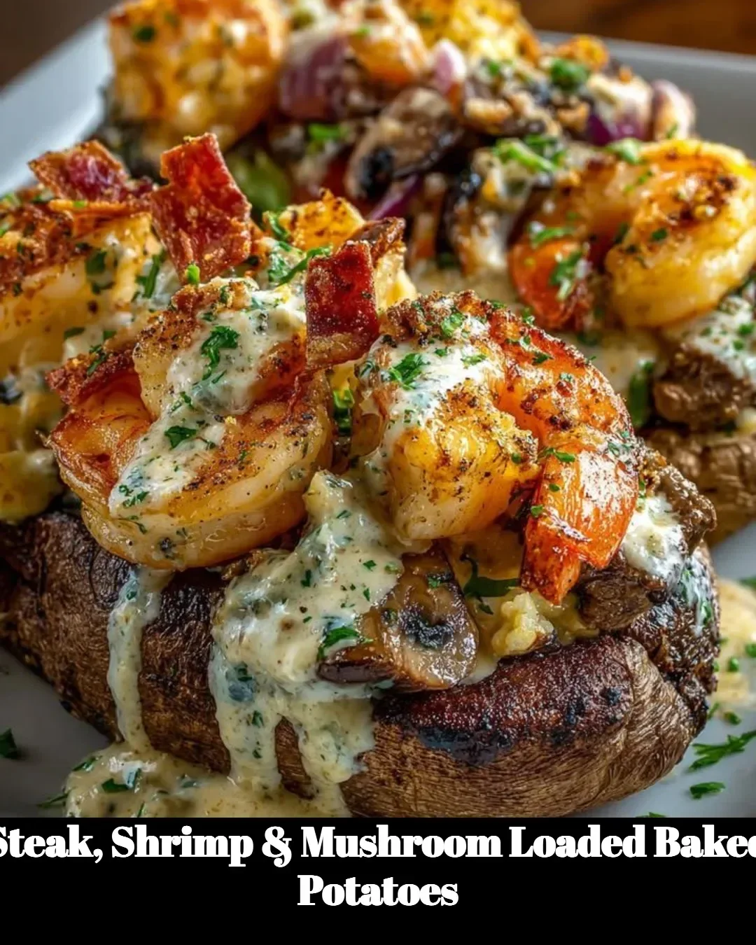Delicious Steak, Shrimp & Mushroom Loaded Baked Potatoes topped with creamy sauce.