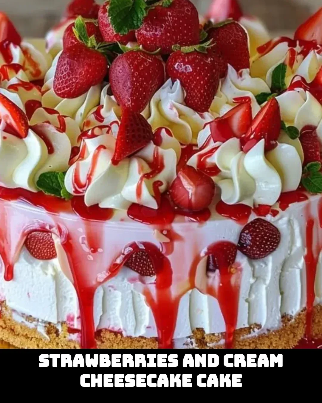Strawberries and Cream Cheesecake Cake with fresh strawberries and cream topping.