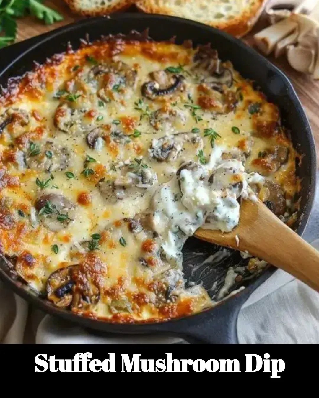 Delicious homemade Stuffed Mushroom Dip in a serving dish