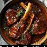 Delicious tender braised lamb shanks served with vegetables