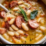 A steaming bowl of delicious Tuscan Bean Soup garnished with fresh herbs.