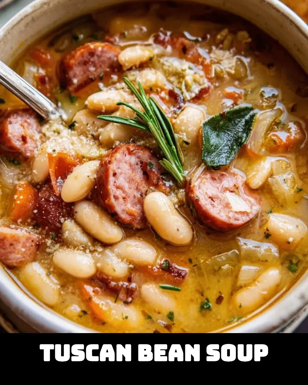 A steaming bowl of delicious Tuscan Bean Soup garnished with fresh herbs.