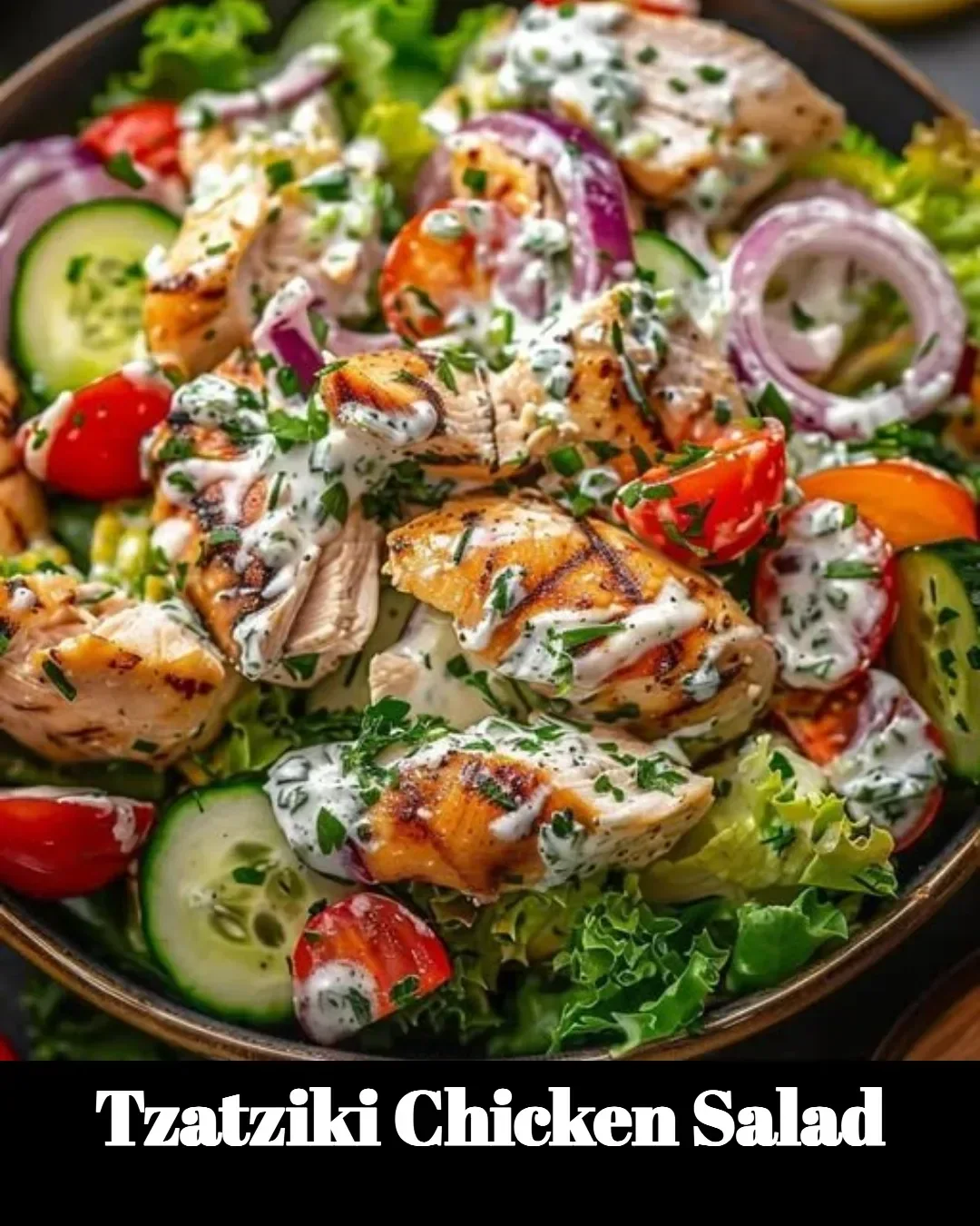 Delicious Tzatziki Chicken Salad served with fresh vegetables and herbs