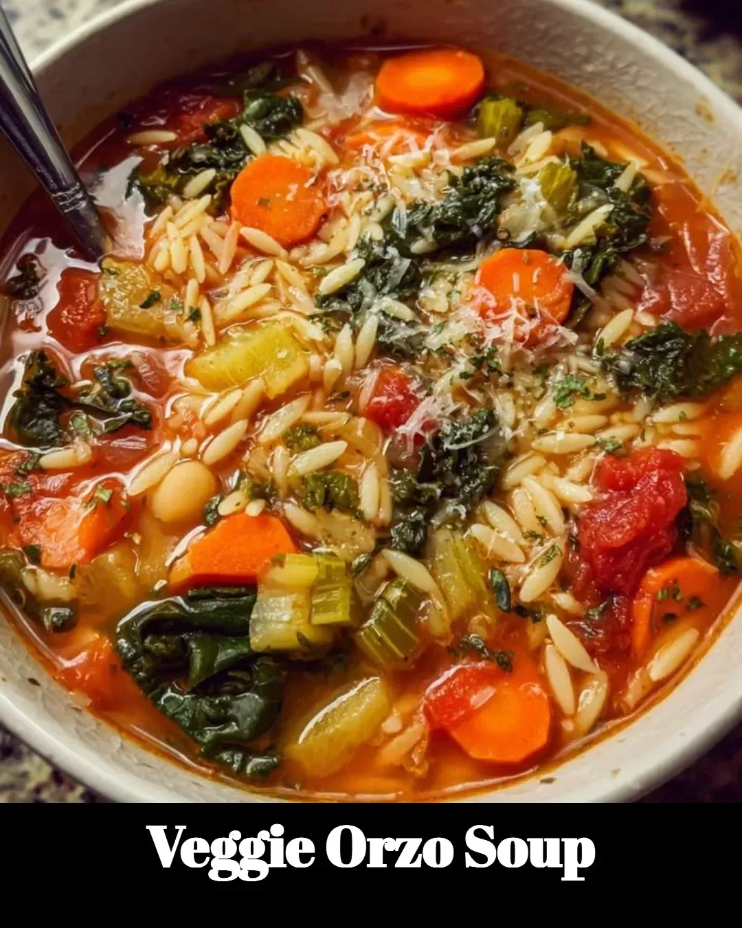 Bowl of veggie orzo soup with fresh vegetables and herbs