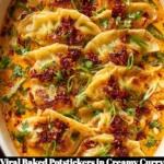 Viral baked potstickers served in creamy curry sauce on a plate