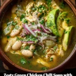 Zesty green chicken chili soup with white beans and avocado garnishing