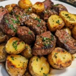 Air fryer garlic butter steak bites served with potatoes on a plate