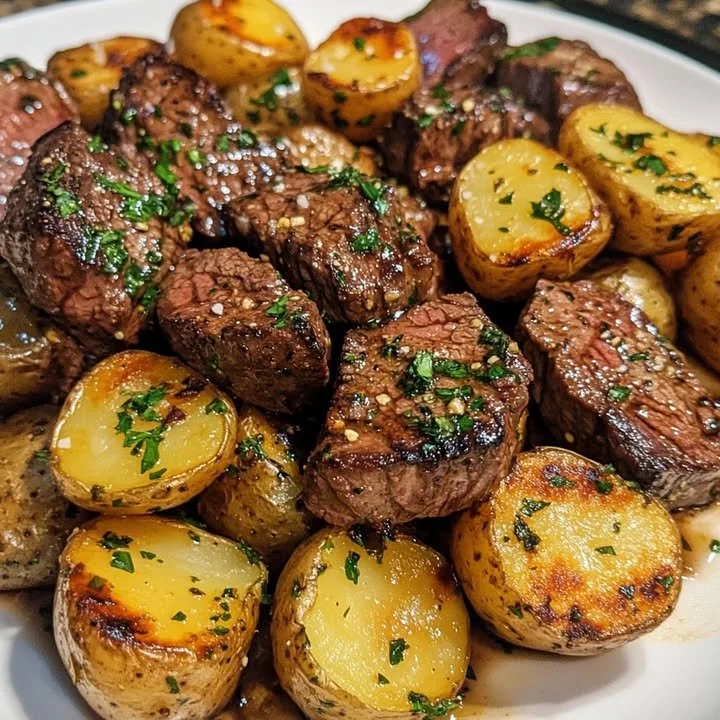 Air fryer garlic butter steak bites served with potatoes on a plate