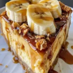Delicious Almond Crust Caramel Banana Cheesecake with banana slices and caramel drizzle