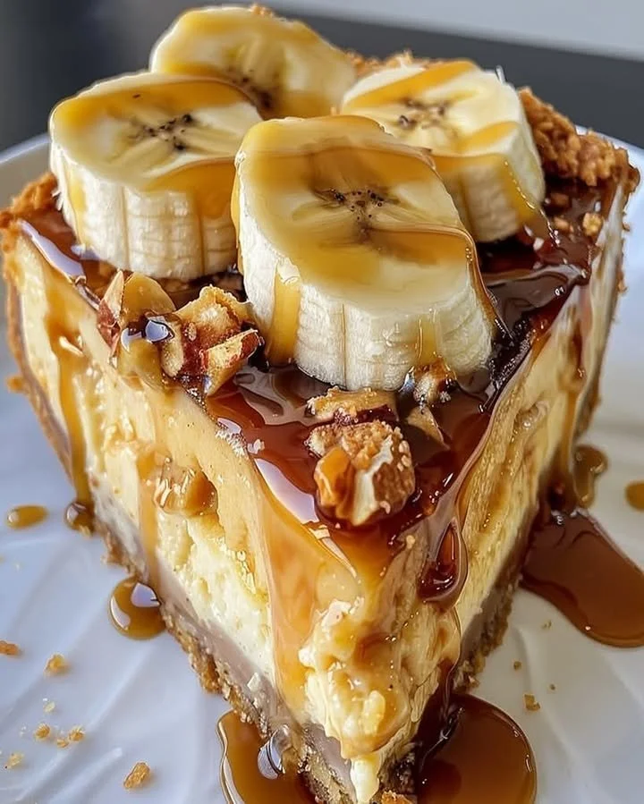 Delicious Almond Crust Caramel Banana Cheesecake with banana slices and caramel drizzle