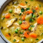 Bowl of Anti-Inflammatory Chicken and Coconut Soup with fresh ingredients