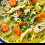 Bowl of anti-inflammatory creamy chicken soup garnished with herbs