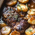 Apple Cider Pot Roast with Potatoes in a rustic serving dish