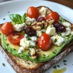 Delicious Avocado Feta Toast topped with fresh herbs and spices.