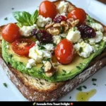 Avocado feta toast topped with fresh herbs and spices for a delicious brunch.