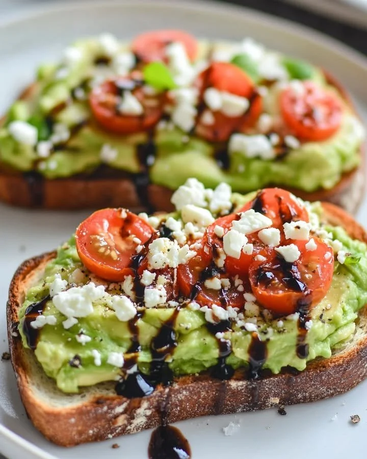 Plate of avocado toast topped with feta cheese and cherry tomatoes