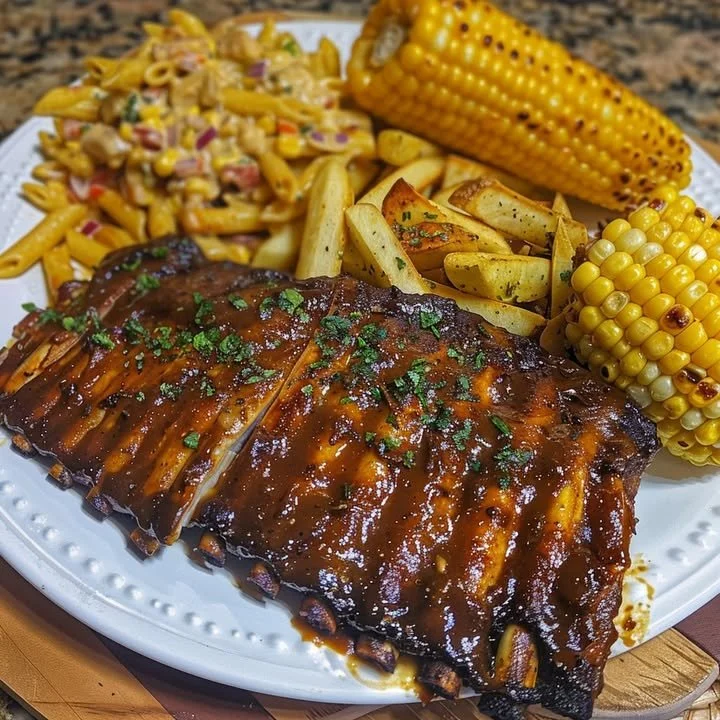 Delicious babyback ribs with sides of corn on the cob, handcut fries, pasta salad, and cornbread.