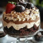 Delicious Baileys chocolate cheesecake trifle layered with chocolate and cream.