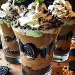 Baileys chocolate mint pudding parfaits layered in elegant dessert glasses