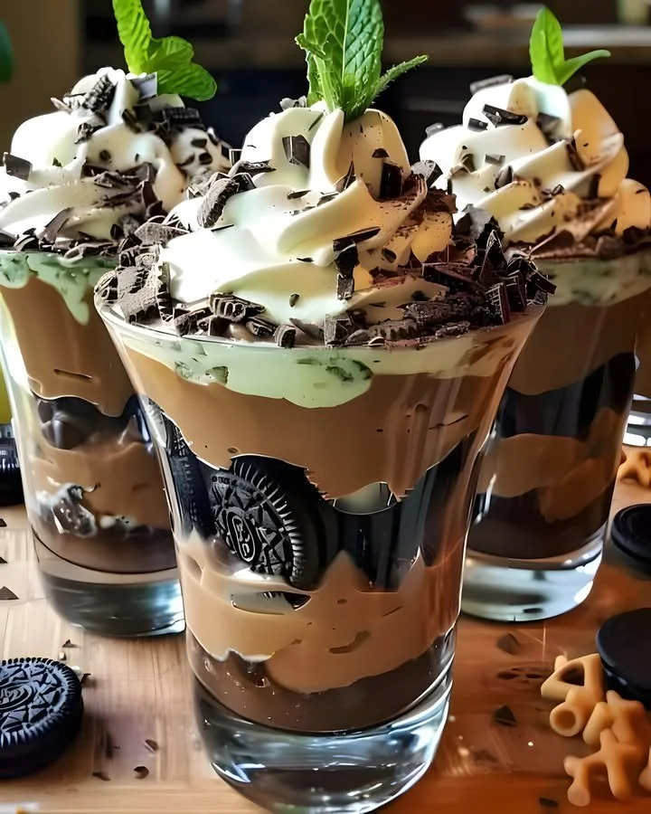Baileys chocolate mint pudding parfaits layered in elegant dessert glasses