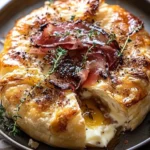 Baked Brie in puff pastry with honey, fig, and prosciutto on a serving platter.