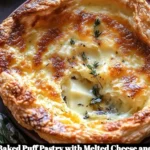 Baked puff pastry with melted cheese and rosemary on a wooden board