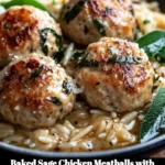 Baked sage chicken meatballs served with parmesan orzo in a cozy dish