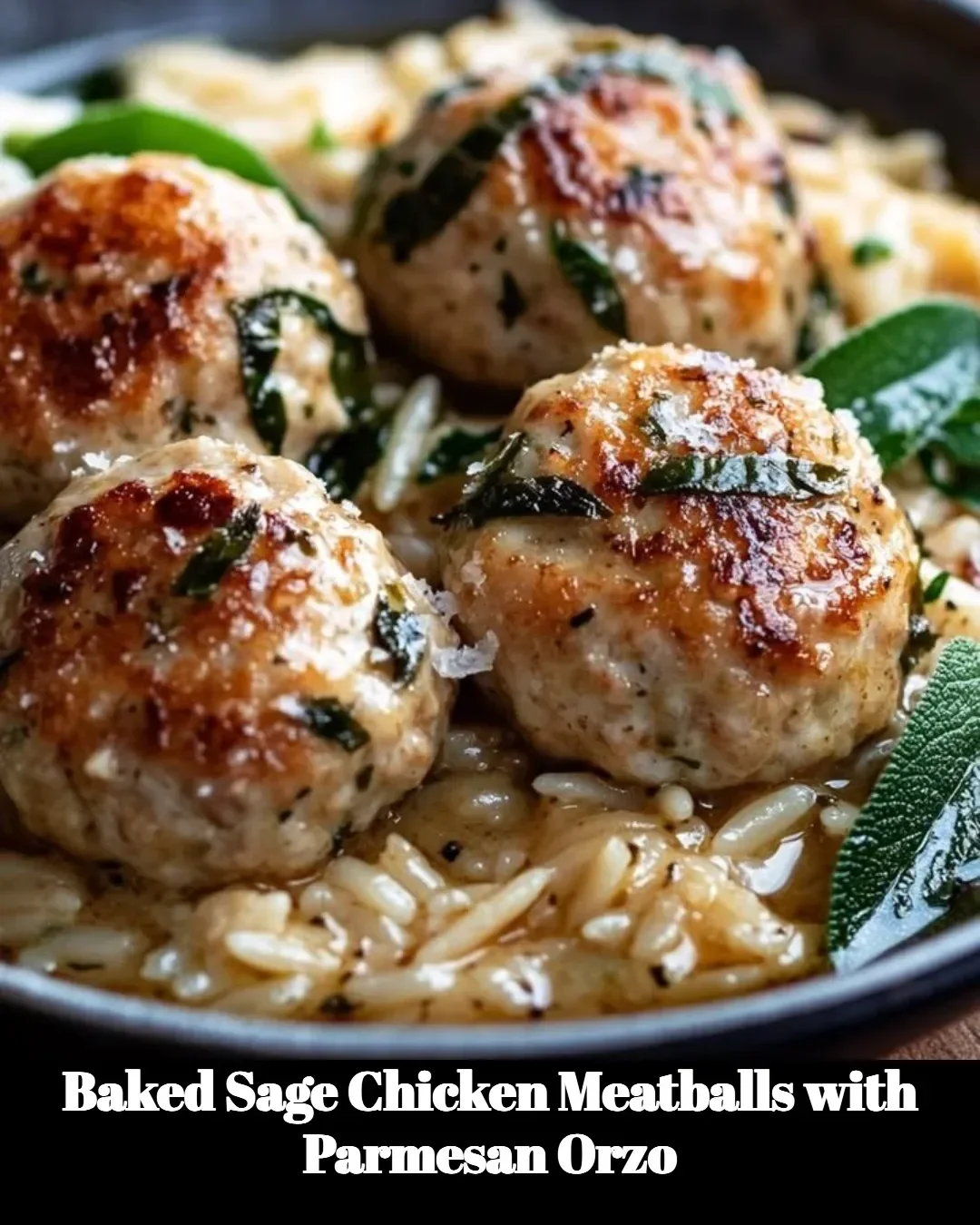 Baked sage chicken meatballs served with parmesan orzo in a cozy dish