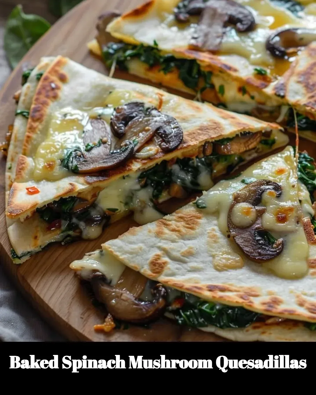 Baked spinach mushroom quesadillas on a plate garnished with herbs