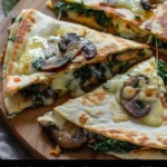 Baked spinach mushroom quesadillas on a plate with melted cheese and greens