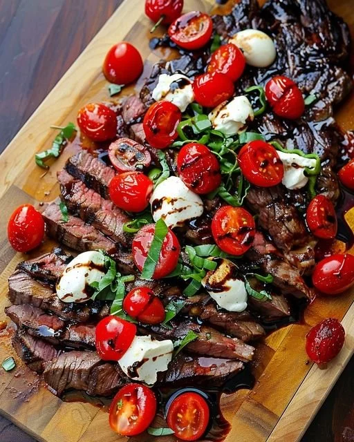 Balsamic flank steak served with fresh Caprese salad and drizzled balsamic glaze.