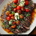 Balsamic grilled flank steak caprese served with fresh mozzarella and basil