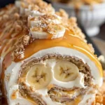 Delicious Banana Caramel Roulade dessert topped with creamy caramel sauce